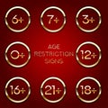 Age restriction of the adult content. App icon for age limits. Golden on dark vector sign.